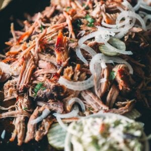 Shredded barbecue picnic shoulder topped with sliced onions and pickles, served on a tray with a side of creamy coleslaw in a small bowl.
