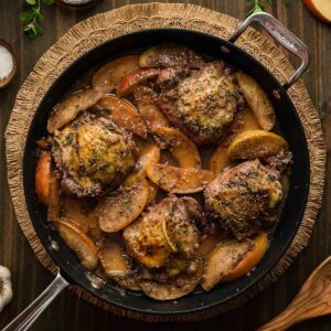 A skillet filled with cooked chicken thighs and sliced apples in a seasoned sauce, surrounded by small bowls of ingredients on a wooden table.