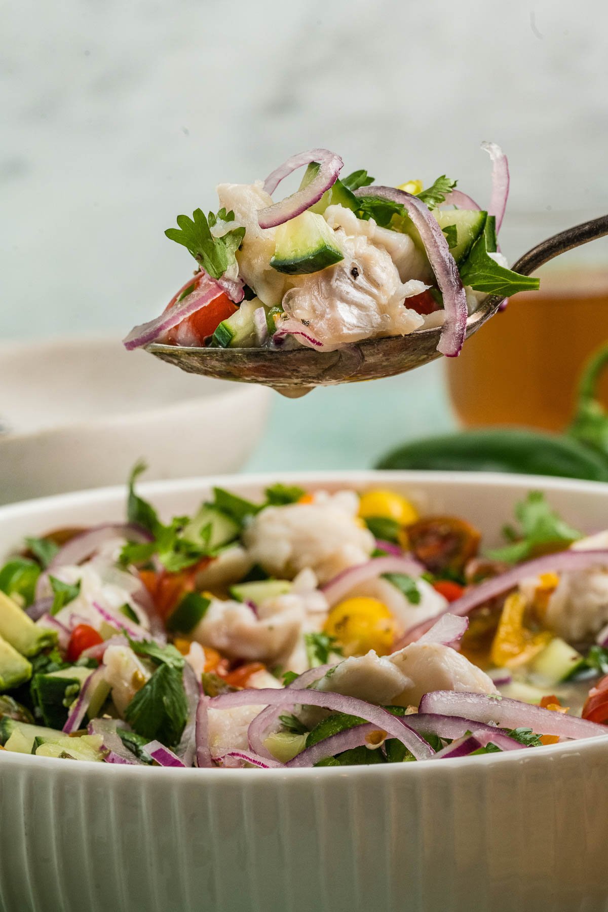 A close-up of a spoonful of ceviche with fish, red onion, cilantro, tomato, and avocado above a bowl filled with the same ingredients.