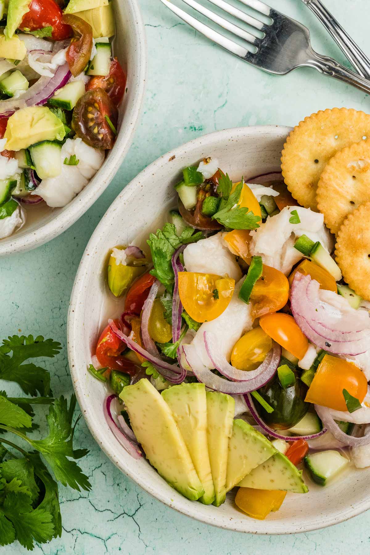 Two bowls of fresh ceviche with diced fish, tomatoes, cucumbers, avocado slices, red onion, cilantro, and round crackers on the side, placed on a light green surface.