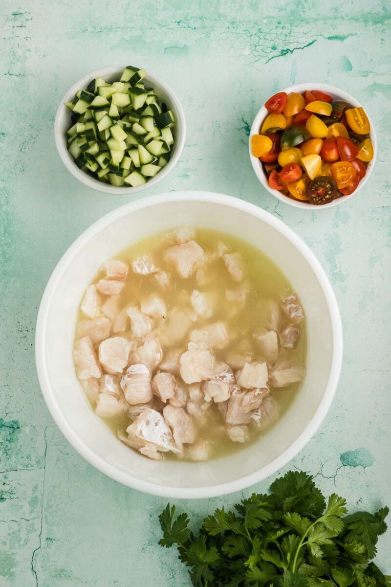 A bowl of raw fish marinating in liquid, with small bowls of chopped cucumber and cherry tomatoes, and a bunch of cilantro on a light green surface.