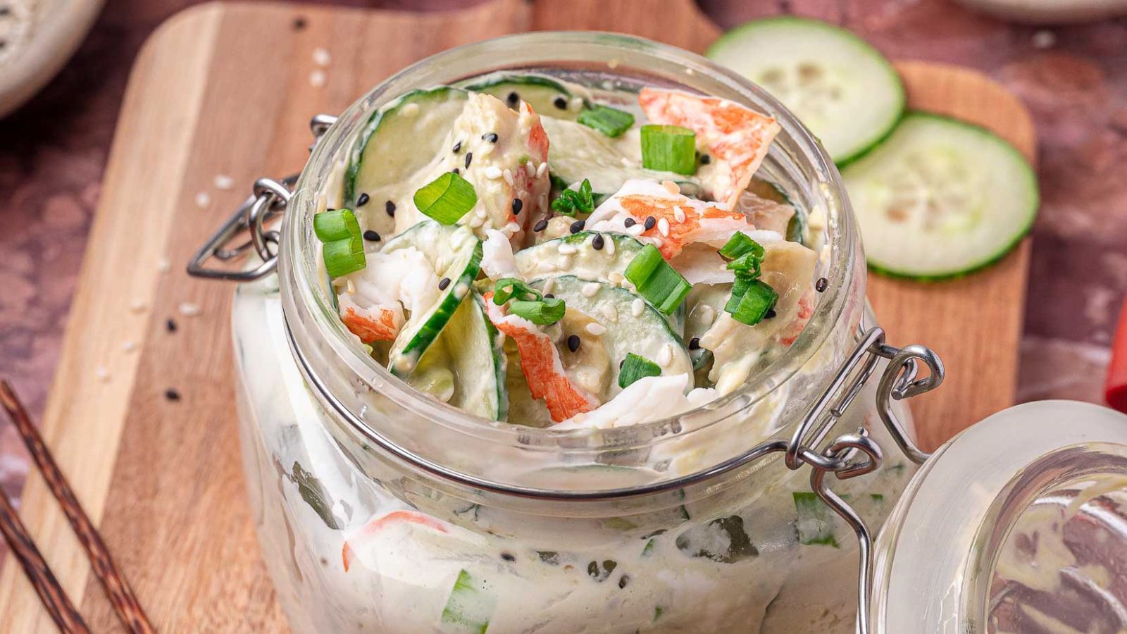 California roll cucumber salad with crab and avocado.