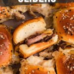 Top-down view of roast beef sliders with sesame seed buns, sliced open to show beef and cheese inside. Text overlay reads "How to make roast beef sliders.