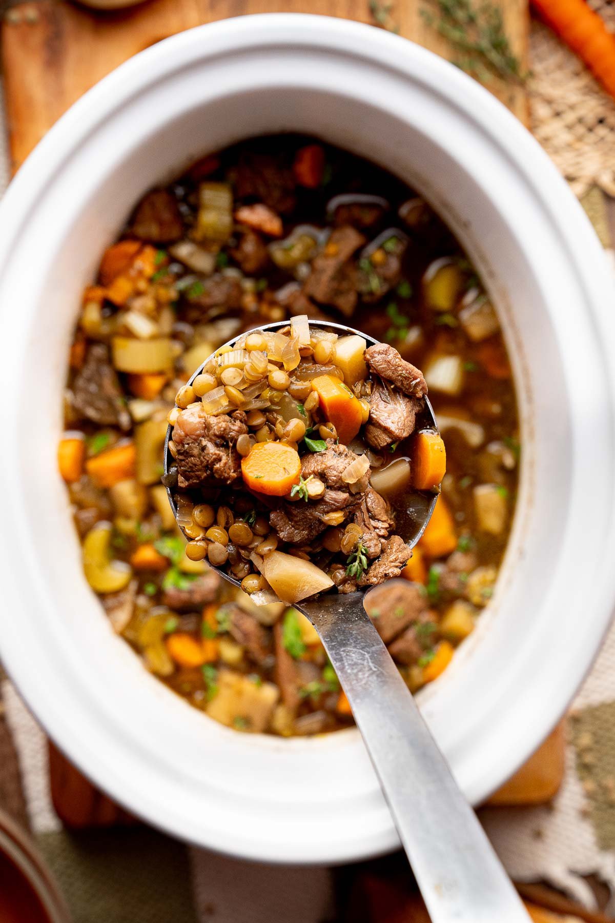 A ladle scoops up beef stew with lentils, carrots, celery, and potatoes from a white slow cooker.