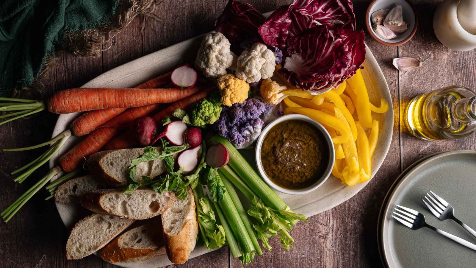 Bagna cauda made with warm garlic anchovy dip.