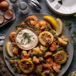 A plate of fritto misto: assorted fried seafood and vegetables with lemon wedges, accompanied by a bowl of creamy dipping sauce, surrounded by utensils, eggs, and condiments on a table.