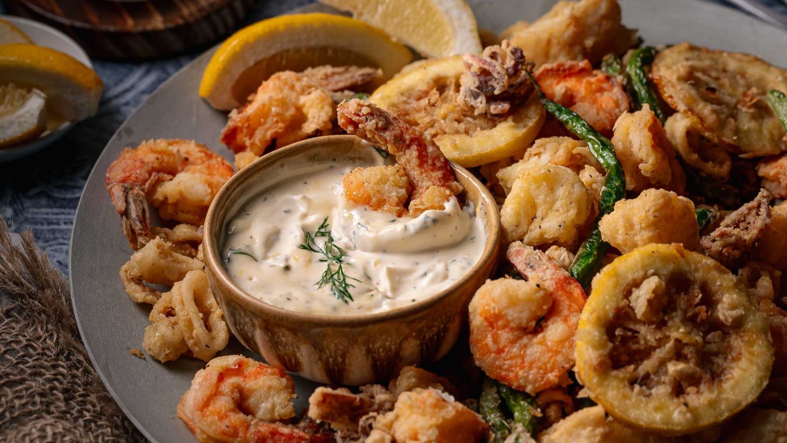 Crispy fritto misto with fried seafood and vegetables served with tartar sauce.