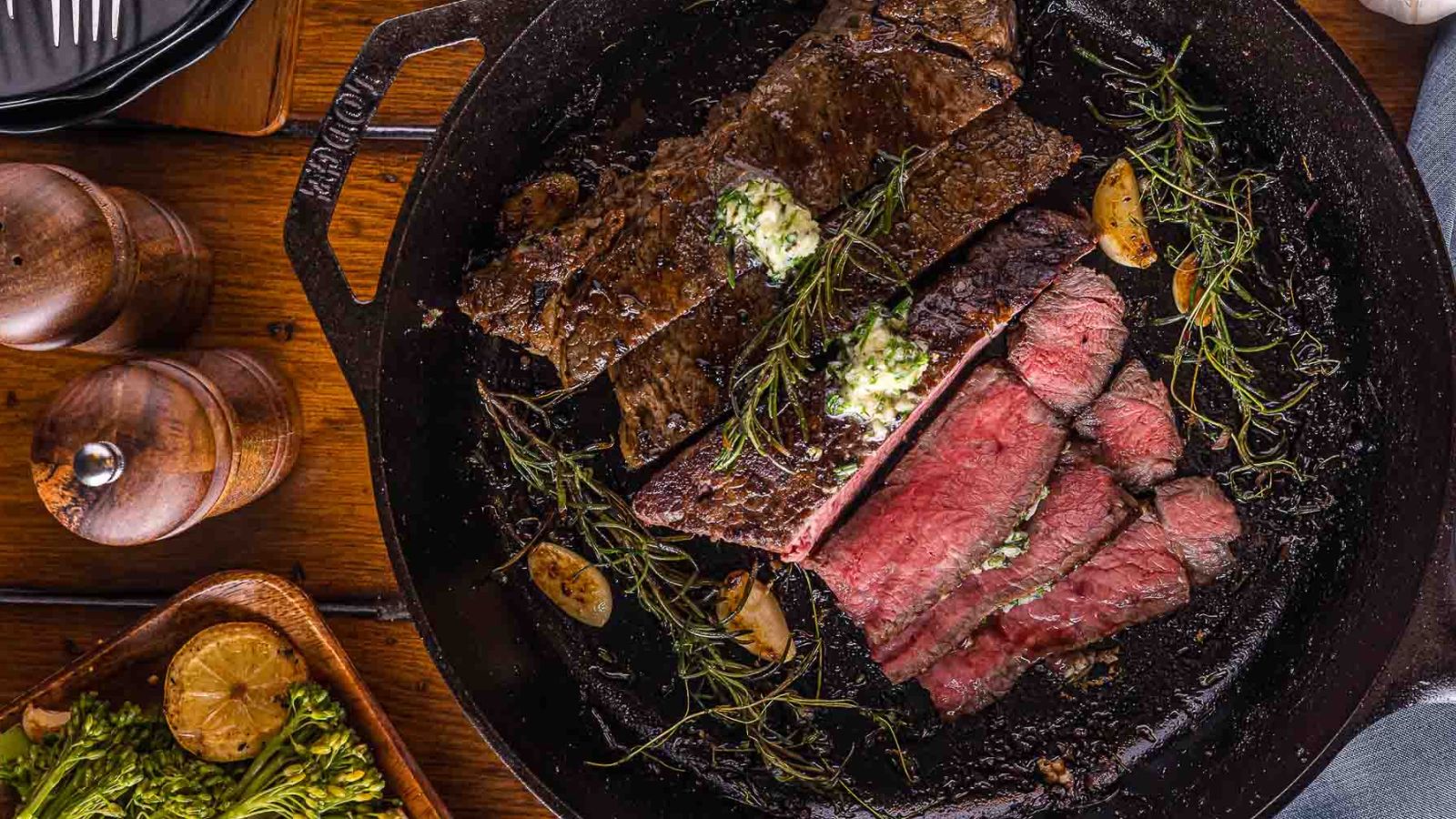 Cast iron skillet steak seared with a deep, flavorful crust.