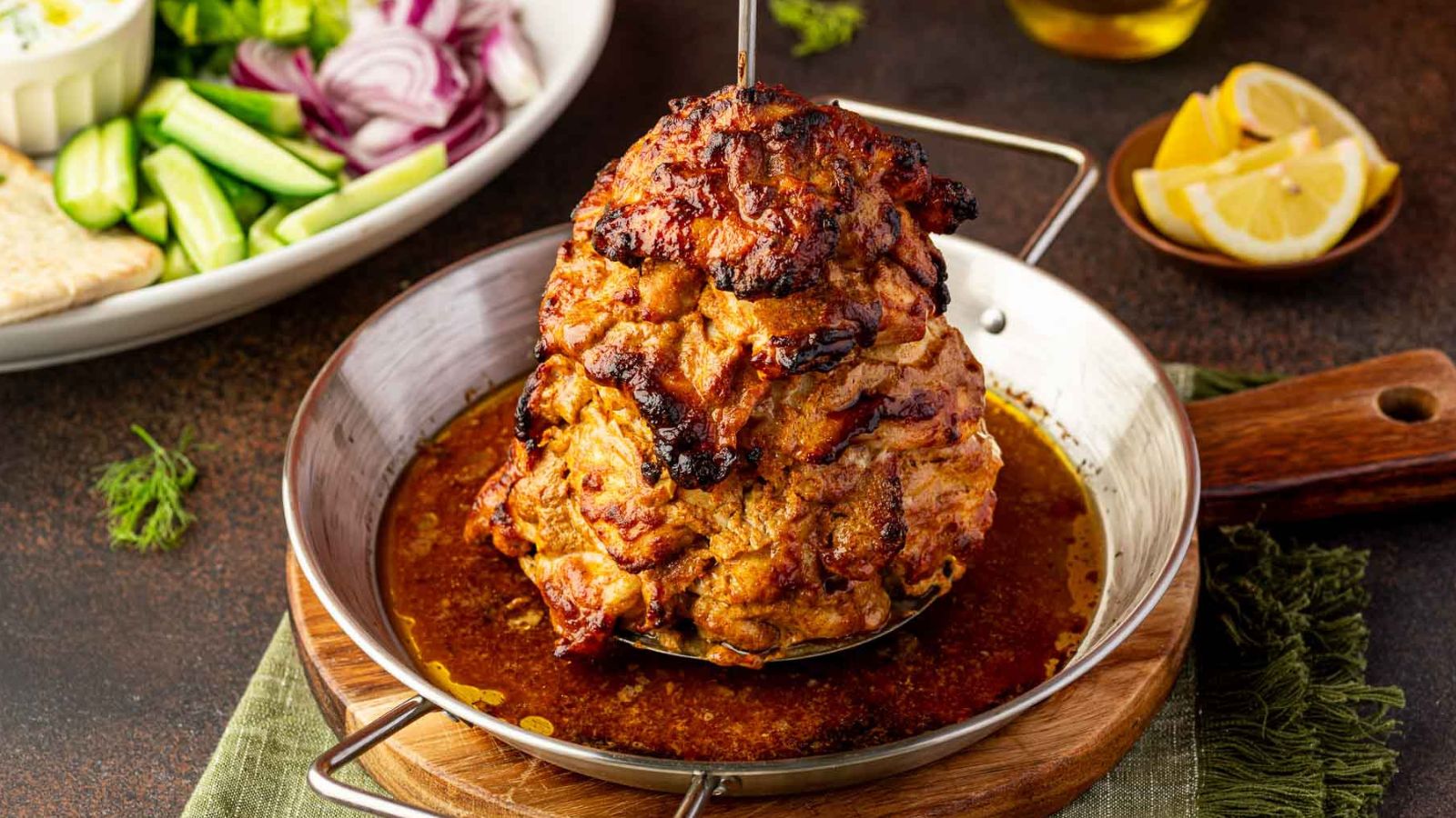 Chicken shawarma roasted with warm spices and sliced thin.