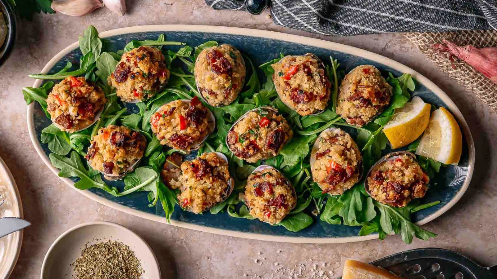 Clams casino baked with buttery breadcrumbs and smoky bacon.