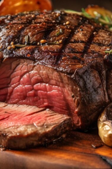 A grilled medium-rare steak is sliced and served on a wooden board with roasted vegetables and herbs, accompanied by a cup of sauce in the background.