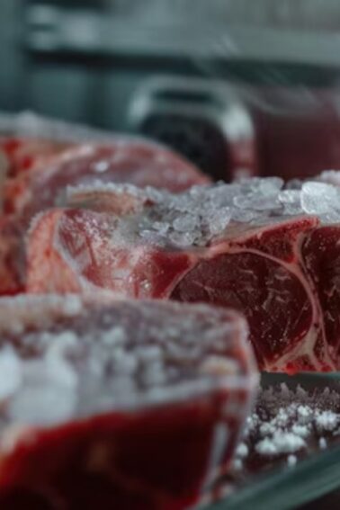 Several frozen raw meat steaks with visible ice crystals are placed on a metal rack inside a freezer.