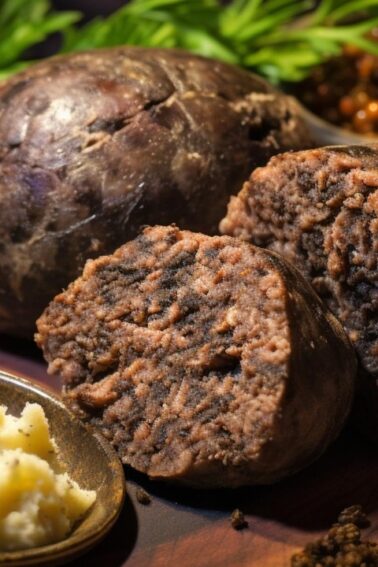 A serving of haggis, sliced open to show its filling, is plated with mashed potatoes and a side of cooked brown beans, garnished with fresh parsley.