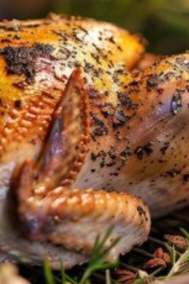 A roasted turkey with crispy, seasoned skin sits on a rack, surrounded by herbs, garlic, and orange slices.