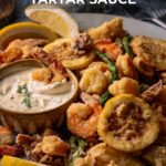 A plate of Fritto Misto - fried seafood and vegetables with a bowl of lemon dill tartar sauce, garnished with fresh dill. Text overlay reads, "How to make Fritto Misto with Lemon Dill Tartar Sauce.