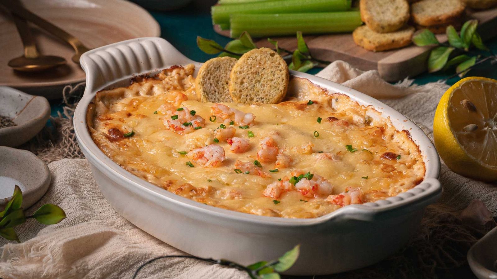 Four-cheese lobster dip baked until hot and creamy.