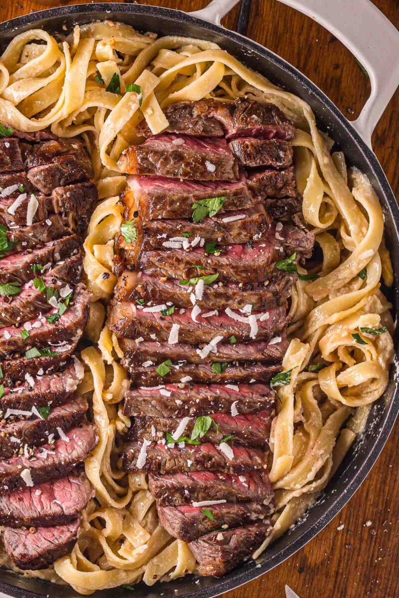 A skillet filled with fettuccine Alfredo pasta topped with sliced medium-rare steak, garnished with grated cheese and chopped herbs.