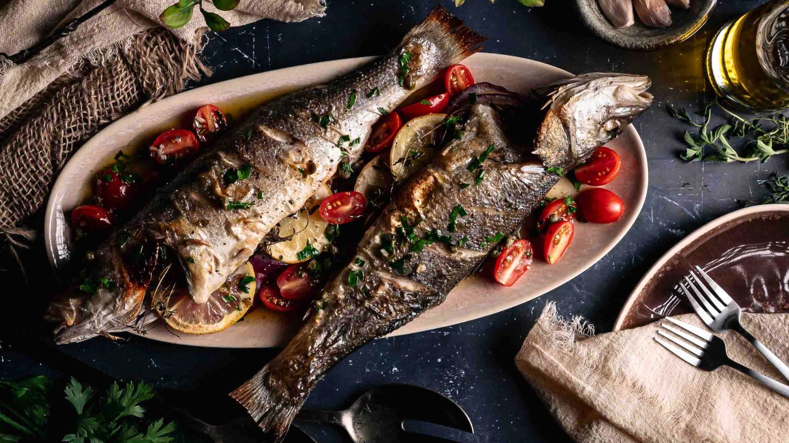 Roasted branzino with crispy skin served with a bright lemon caper sauce.