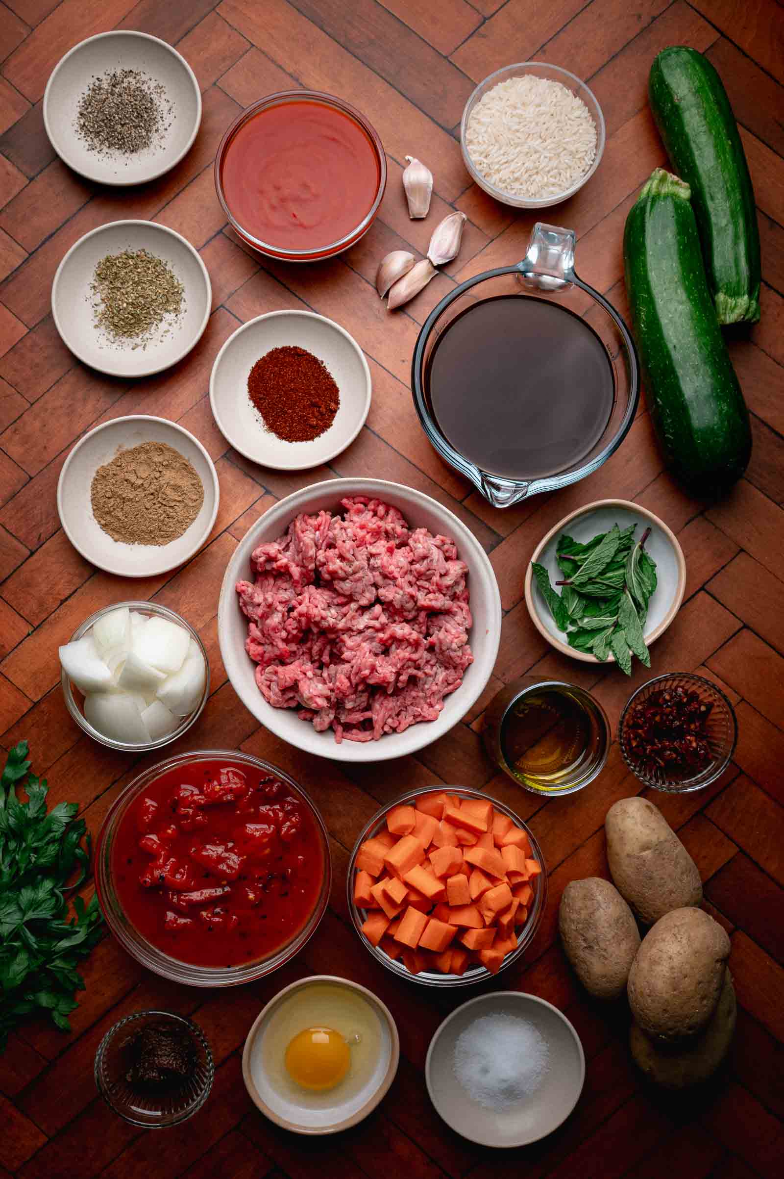 Assorted ingredients for albondigas soup on a wooden surface, including ground meat, vegetables, spices, herbs, egg, rice, tomato products, and a measuring cup of broth.