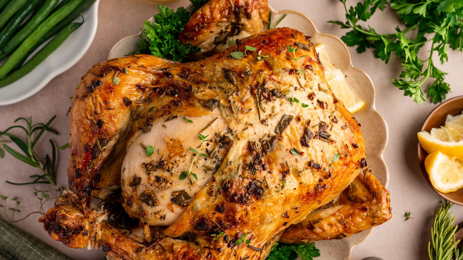 Whole herb-roasted chicken with crispy skin and golden brown color in a roasting pan.