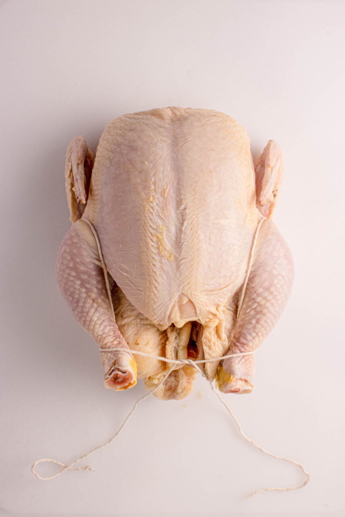 Raw whole chicken with legs tied together with kitchen twine, placed on a plain white surface.