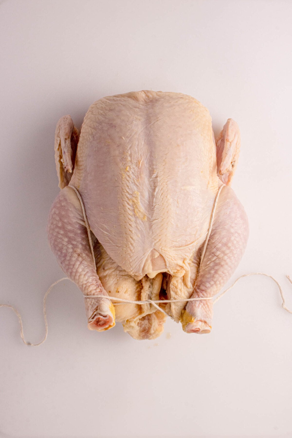 Whole uncooked chicken with legs tied together, placed on a white surface.