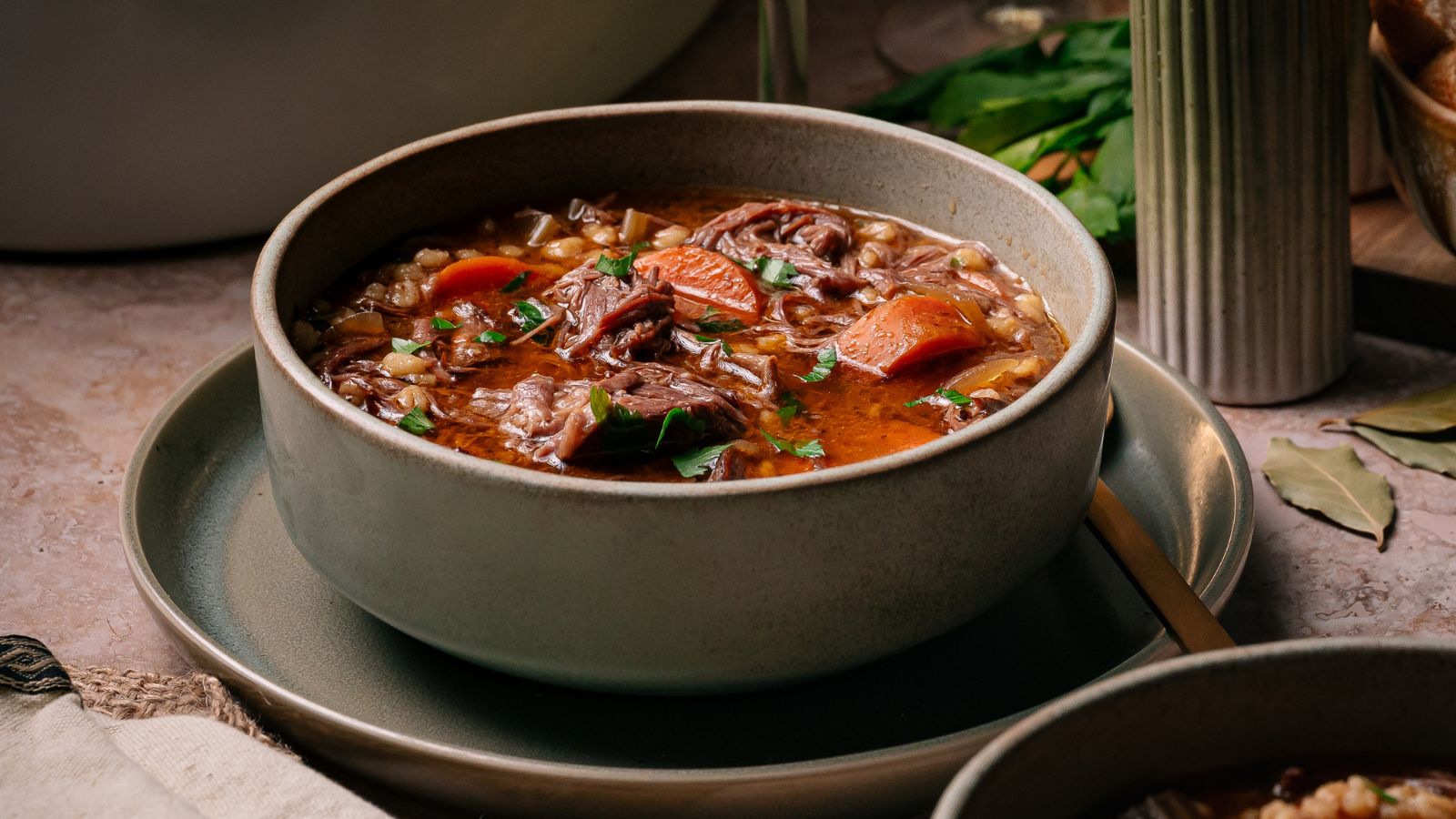 Slow cooked beef and barley soup with tender short ribs.