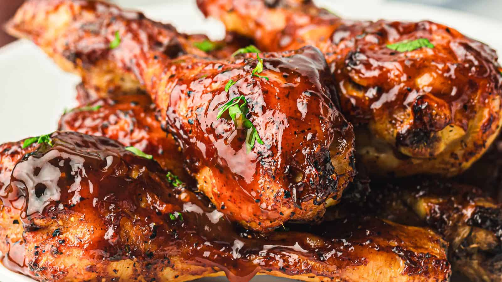 Air fryer BBQ chicken drumsticks with caramelized sauce and tender meat.