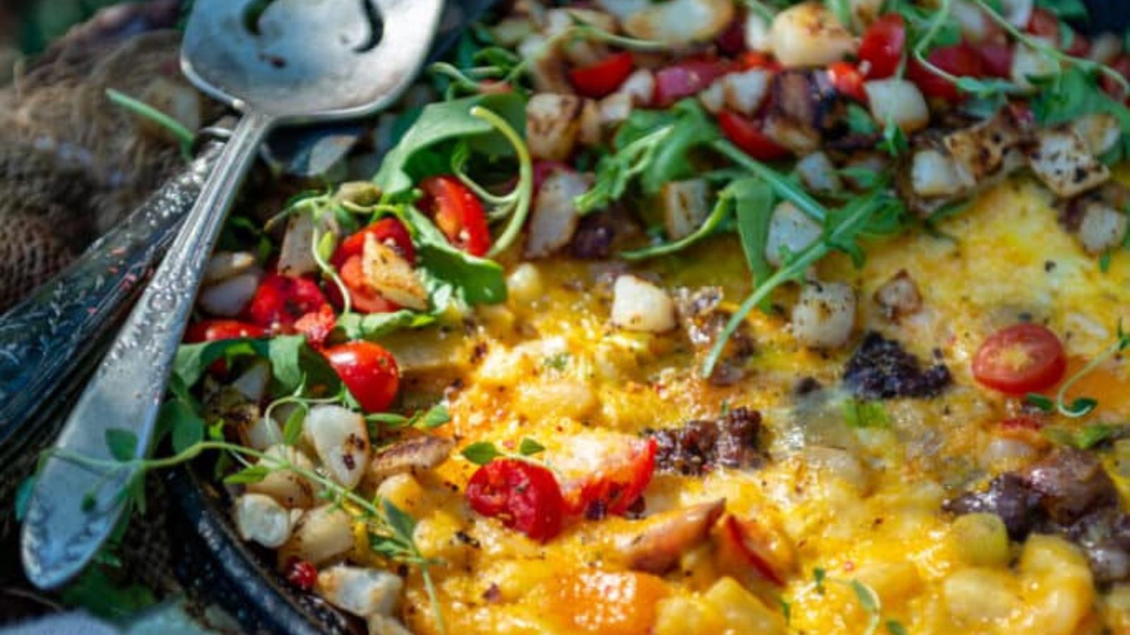 Cast iron frittata baked fluffy with vegetables and cheese.