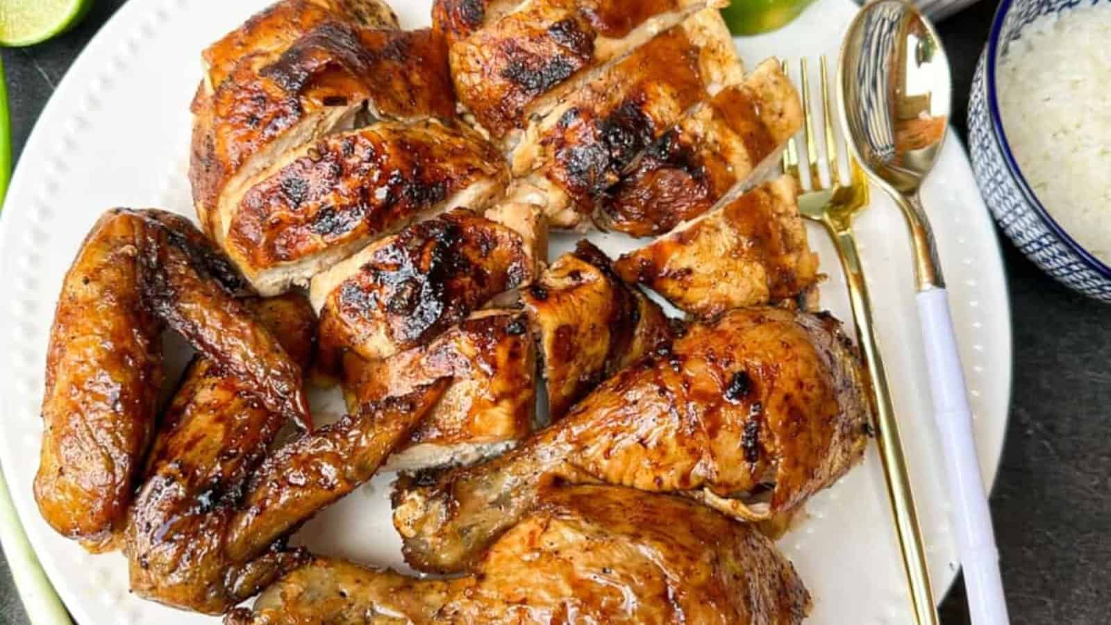 Chinese roast chicken with golden skin and savory seasoning.