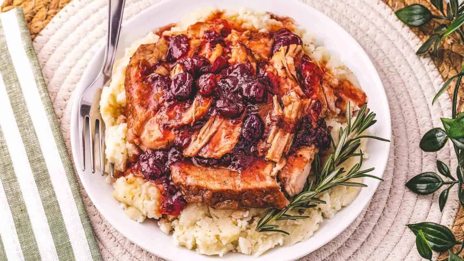 Cranberry pork loin slow cooked in a sweet, tangy sauce.