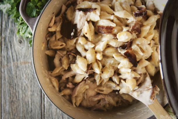 Mac and cheese smoked with chicken added throughout.