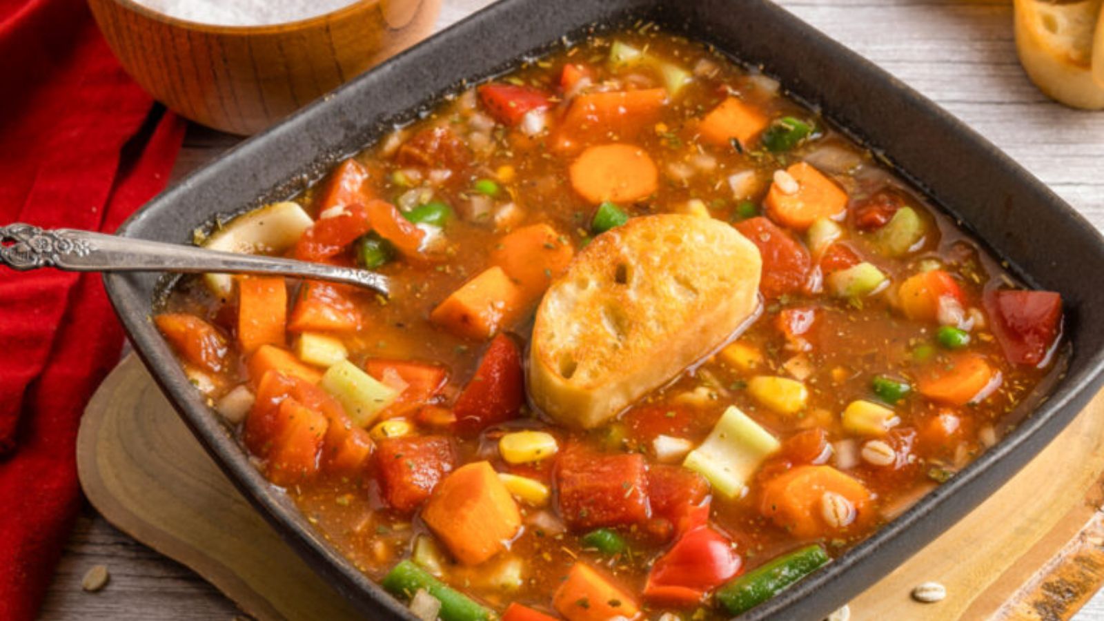 Vegetable barley soup slow cooked until hearty and warming.