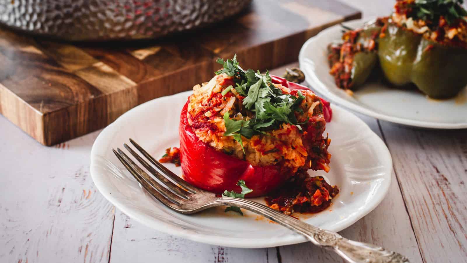 Ground turkey stuffed peppers baked until tender and hearty.