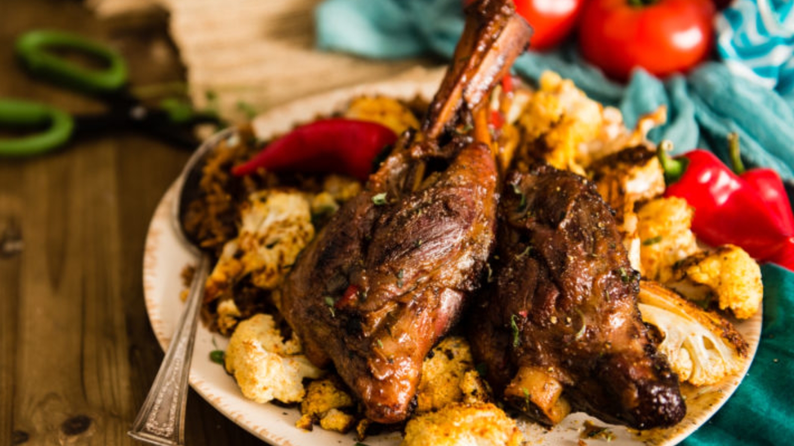 A plate of cooked lamb shanks served on a bed of spiced rice with roasted cauliflower, garnished with herbs and accompanied by whole red chilies and tomatoes.