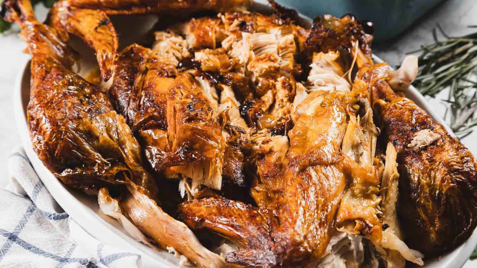 Roast turkey cooked using the cheesecloth method for crisp skin and moist meat.