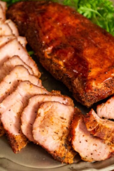 Sliced cooked pork tenderloin arranged on a plate with fresh parsley garnish, next to a whole piece of tenderloin.
