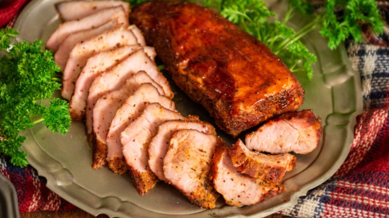 Smoked maple-glazed pork tenderloin with a caramelized surface and tender slices.