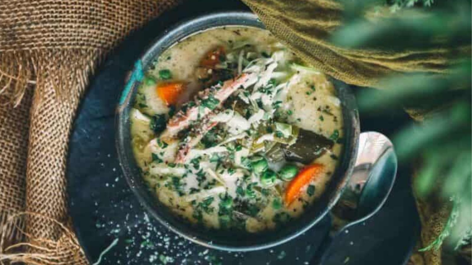 Turkey carcass soup simmered into a rich broth with tender turkey pieces.