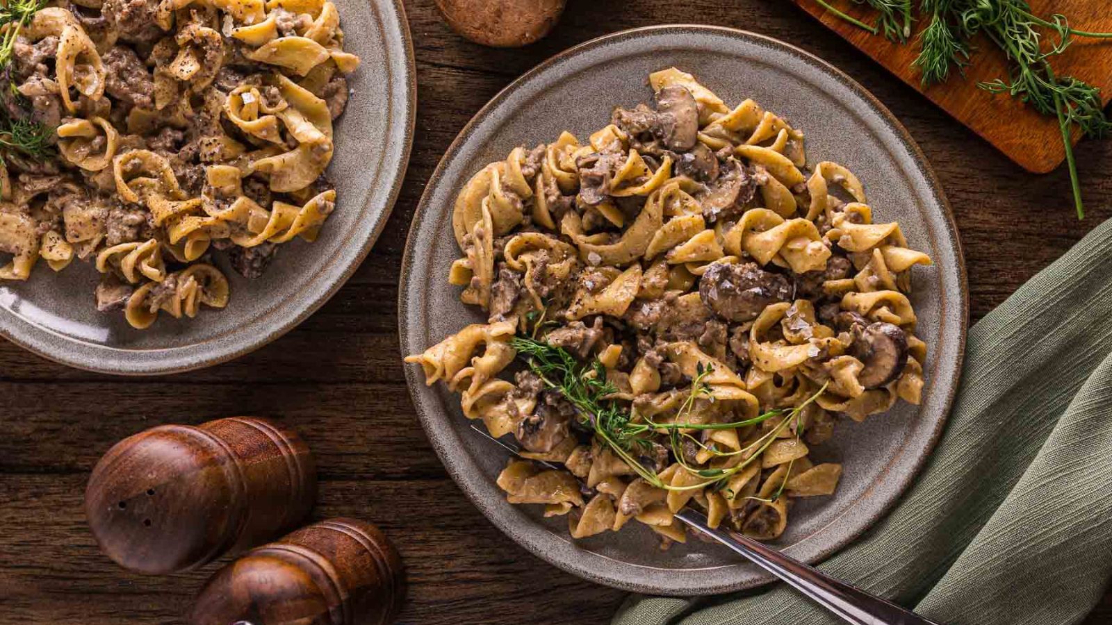 Ground beef cooked in a creamy mushroom sauce and served over noodles.