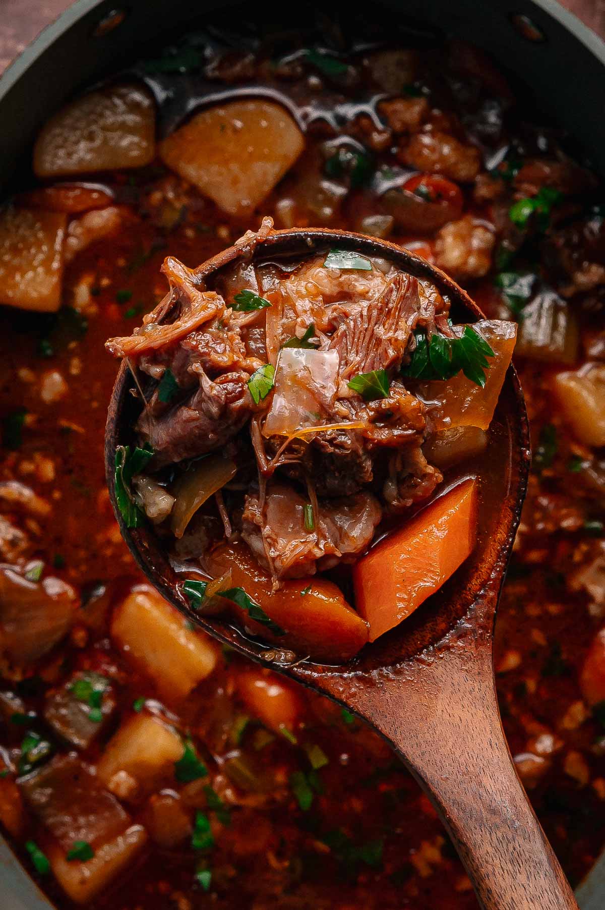 A wooden ladle holds a serving of oxtail soup with chunks of meat, carrots, potatoes, and herbs above a pot filled with the same stew.