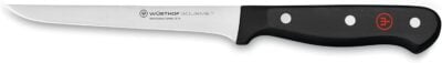 A Wรผsthof Gourmet boning knife with a narrow, curved stainless steel blade and a black handle featuring three rivets and a red logo.