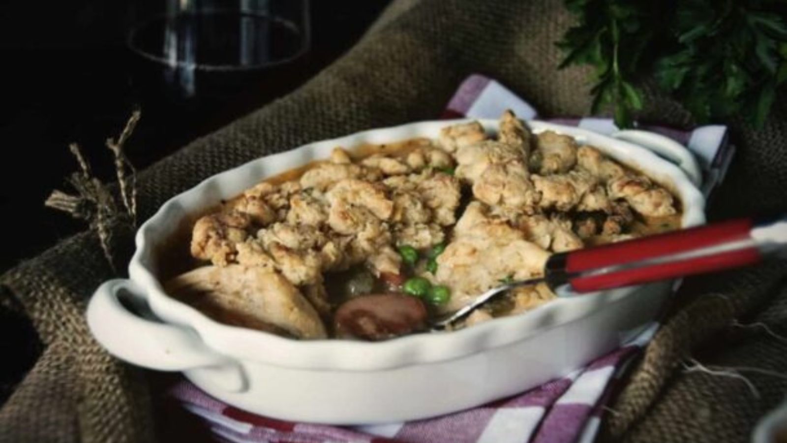 Pot pie made for two with flaky crust.