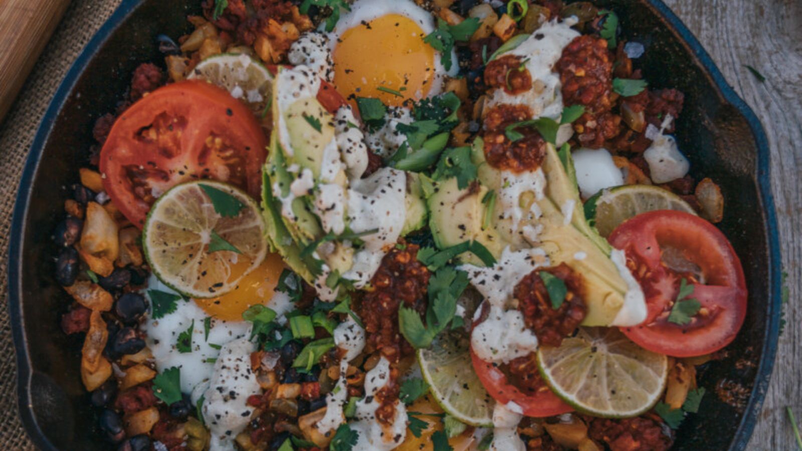 Chorizo eggs and potatoes cooked together in savory skillet.