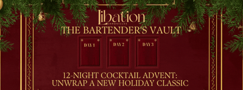 Red holiday-themed advent calendar labeled "The Bartender's Vault" with three doors for days 1-3 and holiday greenery at the top. Text below highlights a 12-night cocktail event featuring festive drinks and christmas recipes.