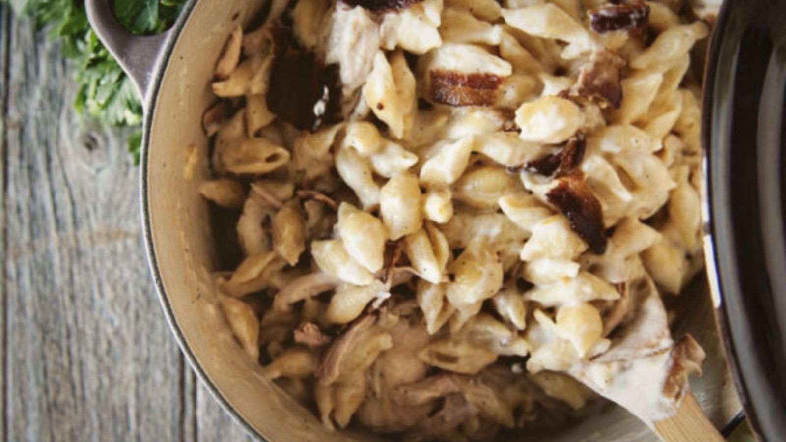 Mac and cheese smoked with chicken added throughout.