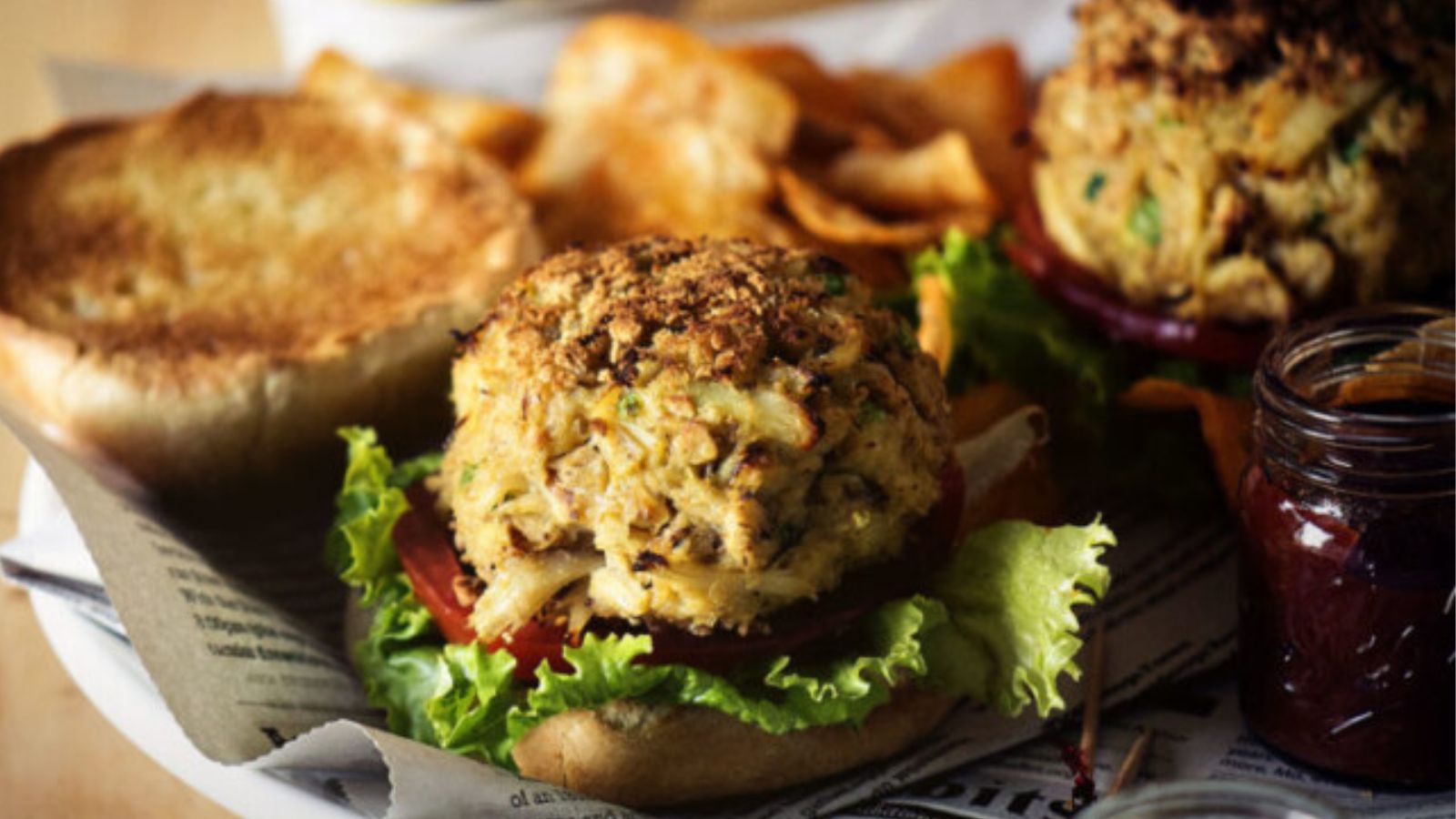 Crab cake sandwich served with lettuce and creamy dressing.