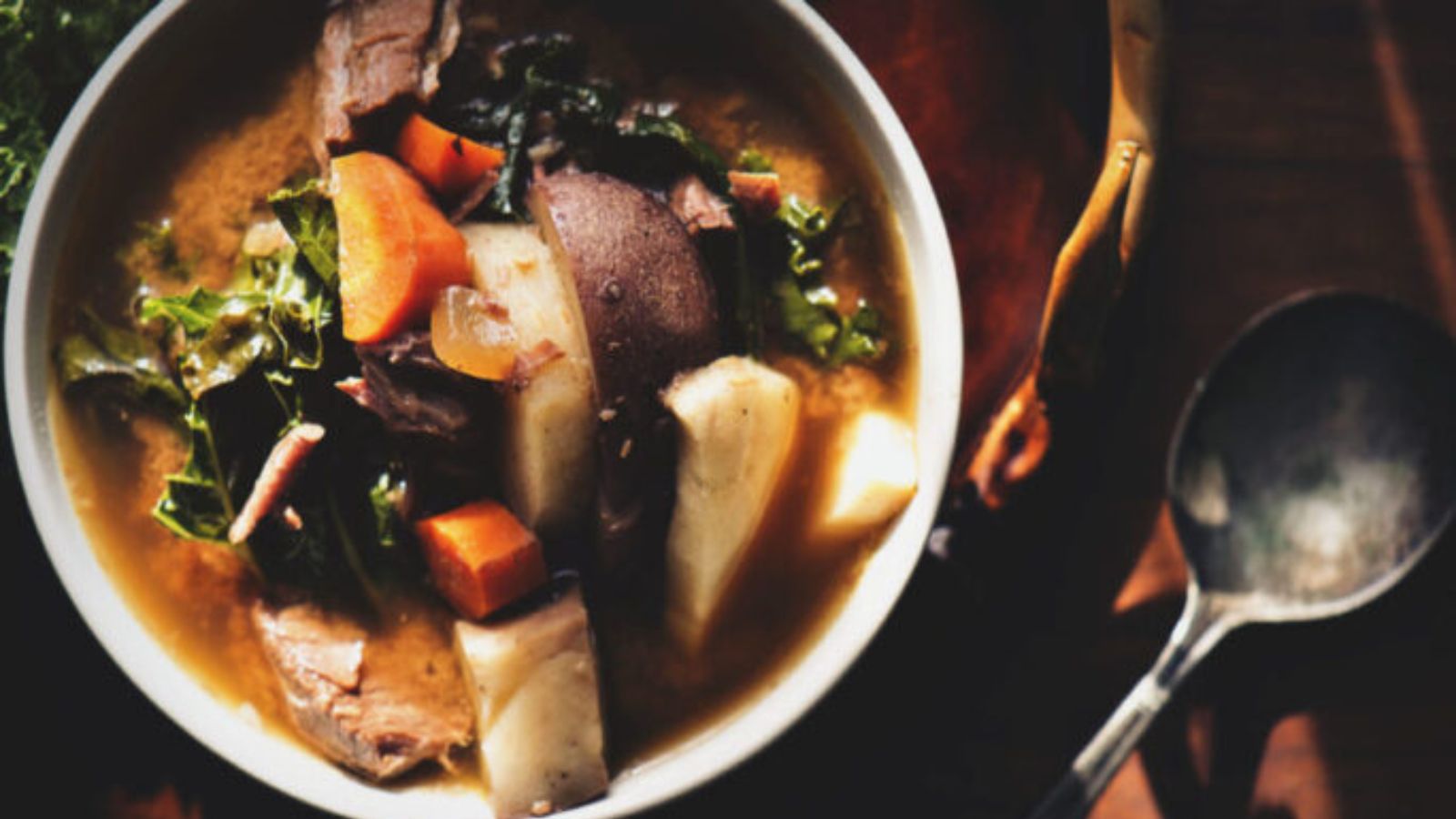 Beef stew loaded with vegetables slow cooked until tender.