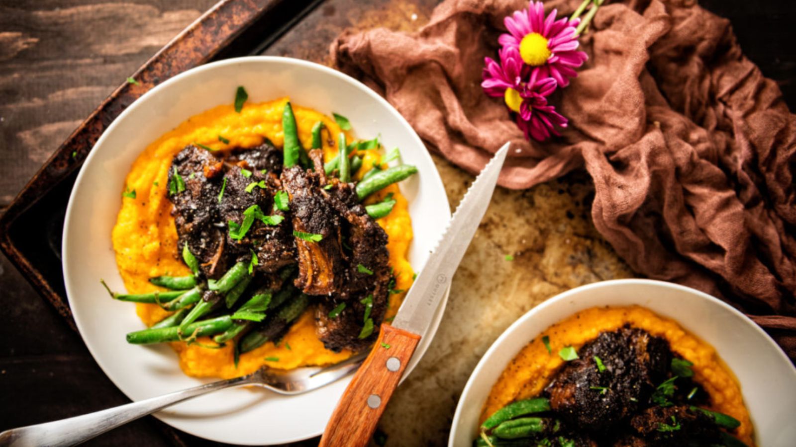 Short ribs slow cooked until tender with rich glossy sauce.