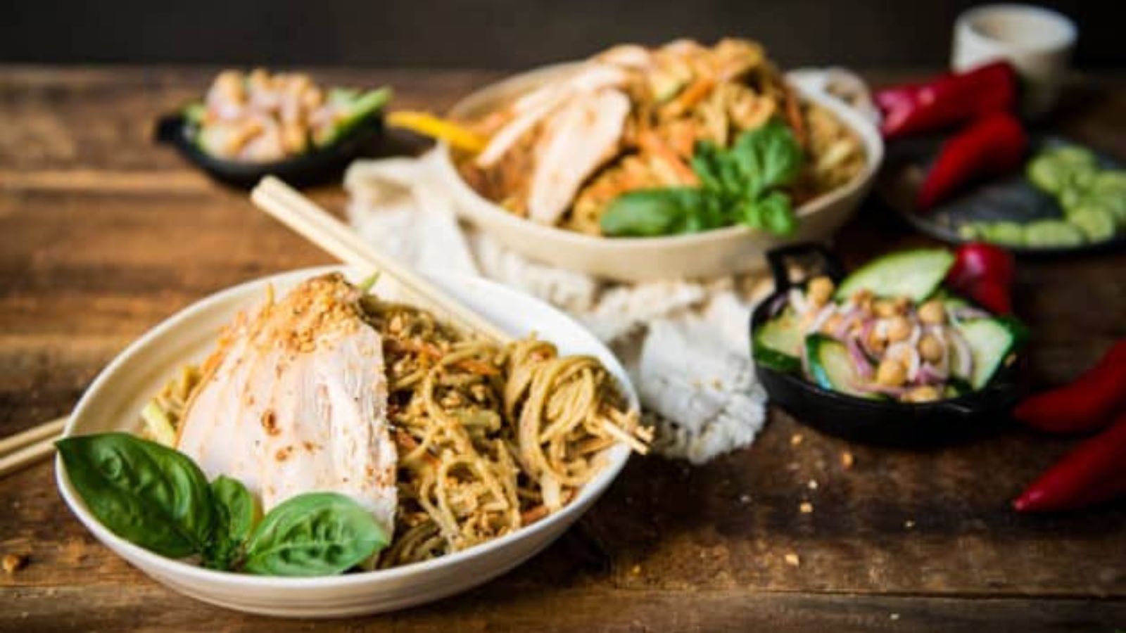 Thai peanut noodle salad tossed with smoked chicken and vegetables.